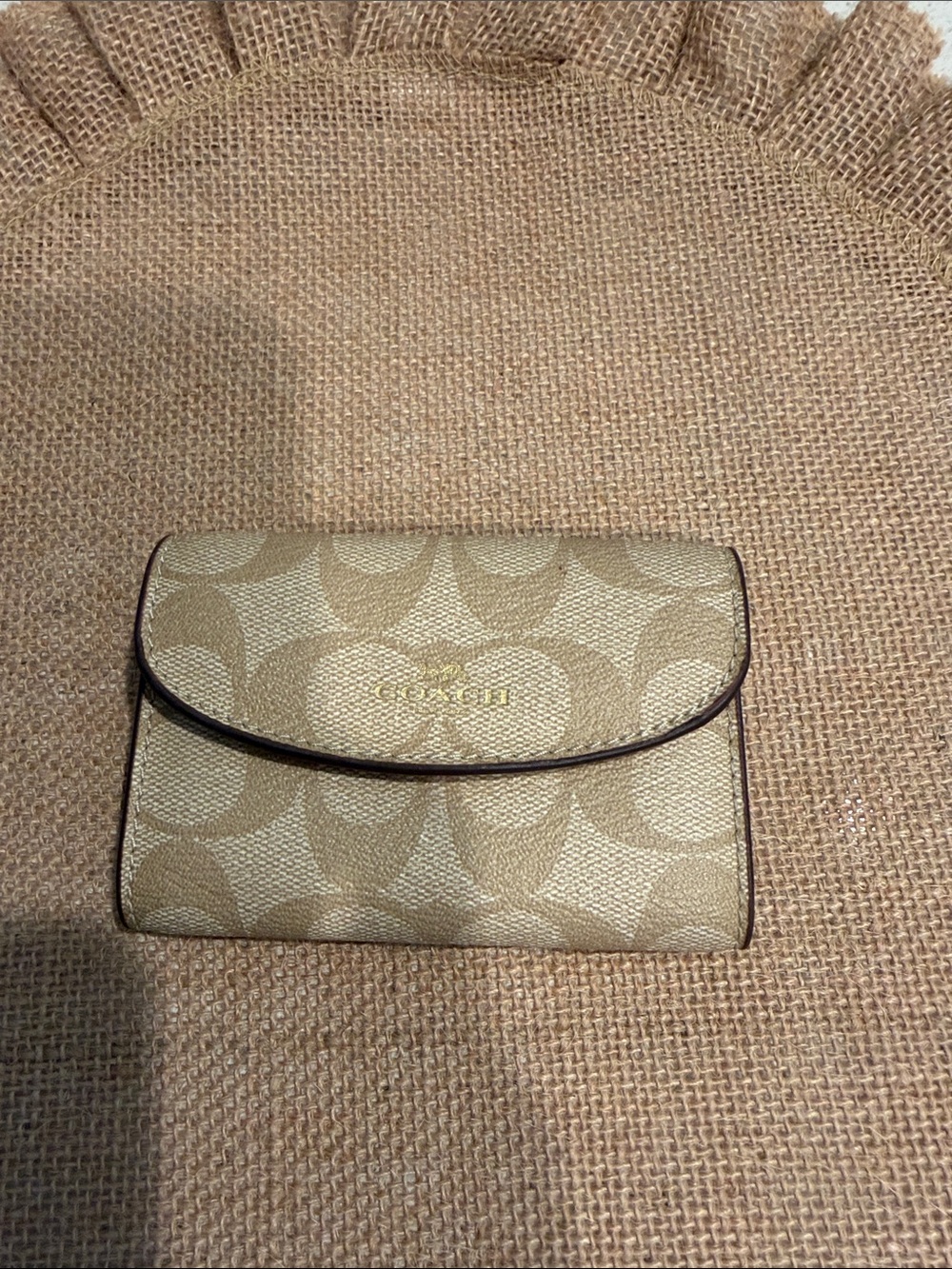 Coach Beige Signature Card Case with Saddle Trim
